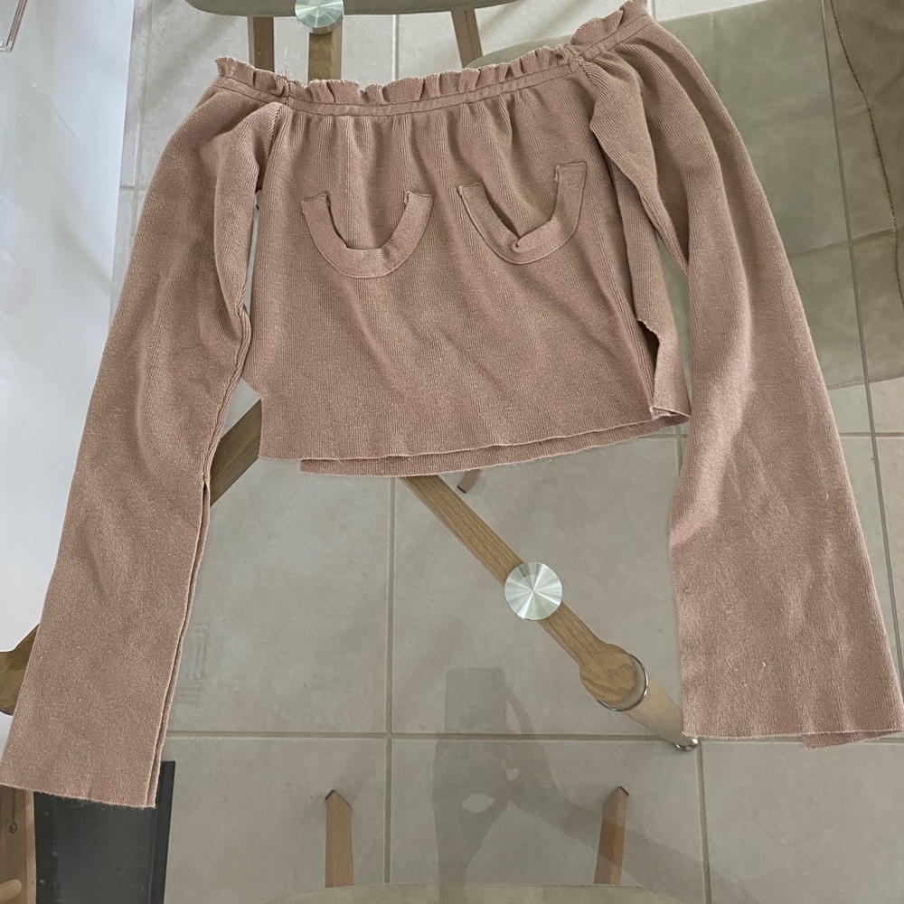 off the shoulder beige long sleeve cut out top